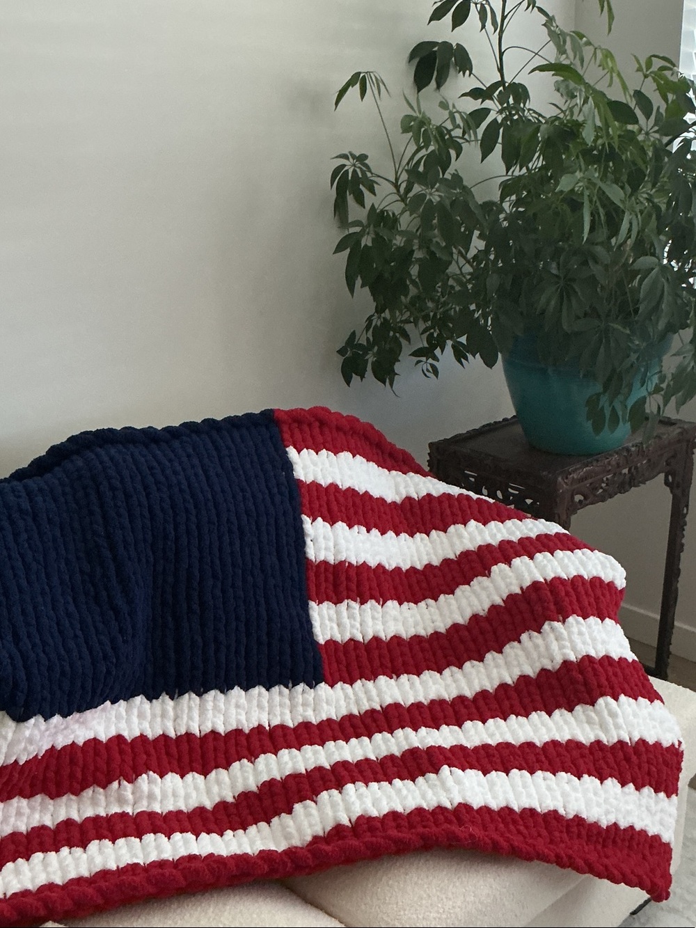 Patriotic Flag Chunky Hand Knit Navy, Red & White Throw Blanket
